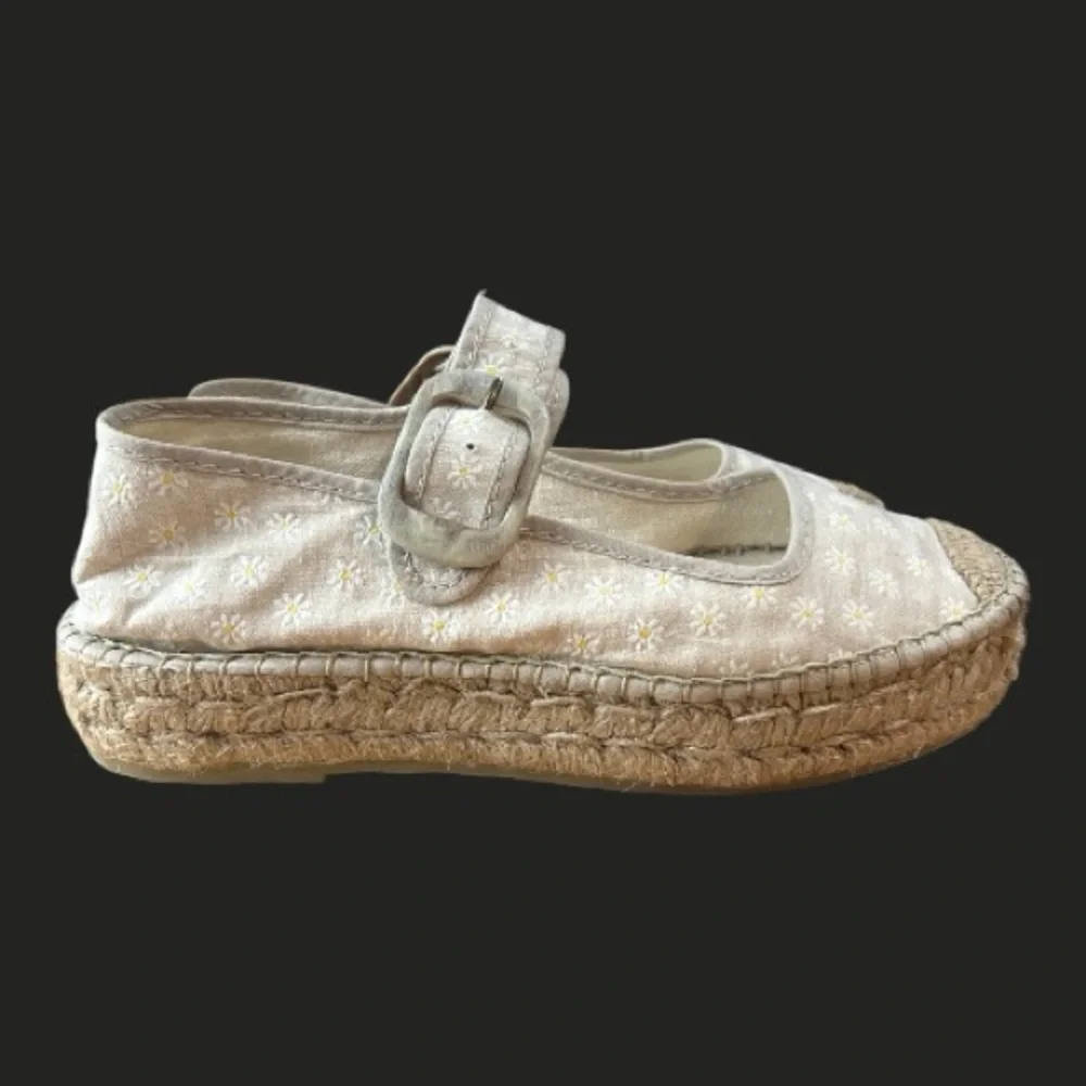 Free People Cream Espadrille Mary Janes with White Floral Embroidery
